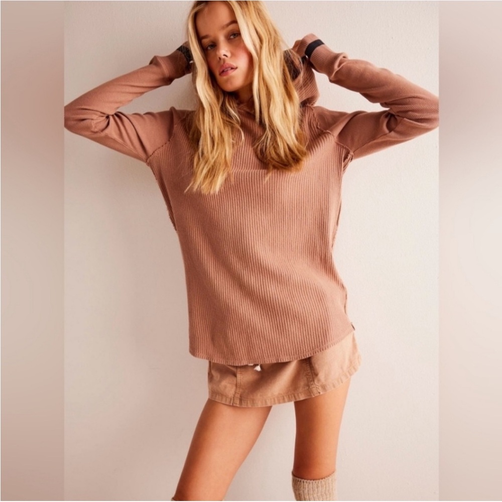 Free People We The Free Thermal Waffle Cotton Knit Long Sleeve Hoodie